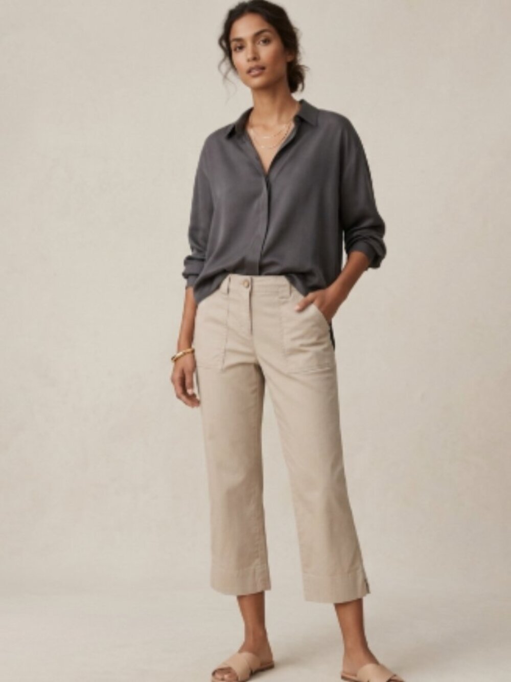 Jones New York Signature Petite Stretch Cargo Capri Pants Beige 10P